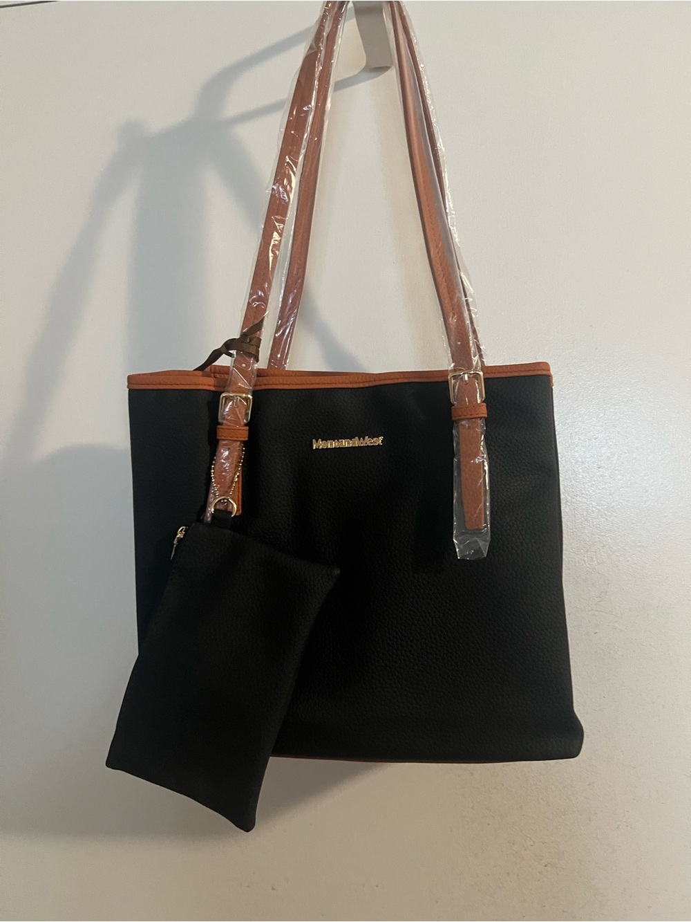 Montana West Black Tote with Brown Trim and Strap